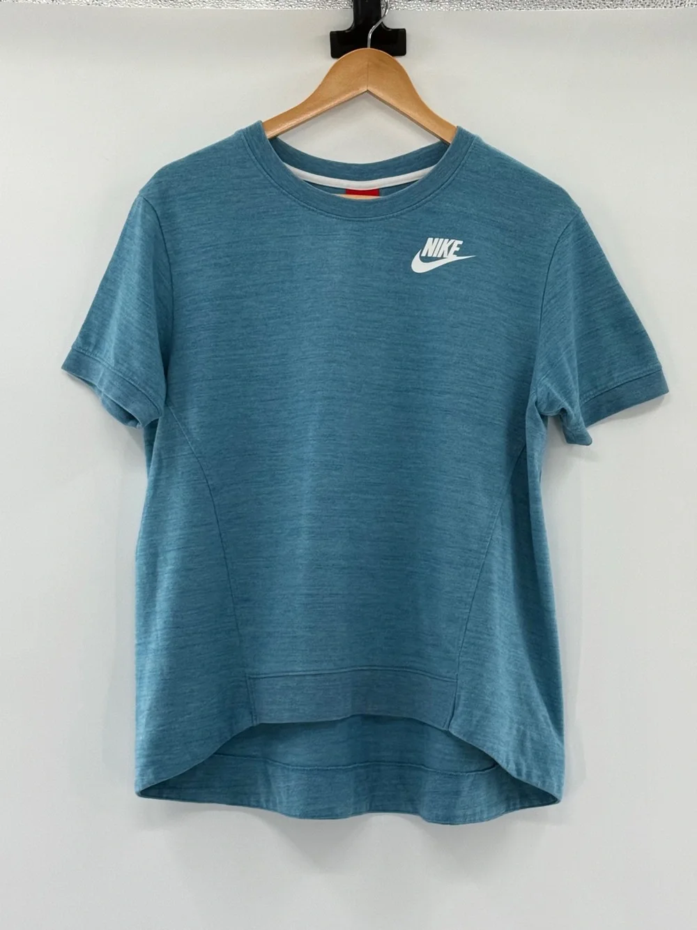 Nike Sportswear Blue Heathered Logo Tee Shirt High Low Hem Short Sleeve